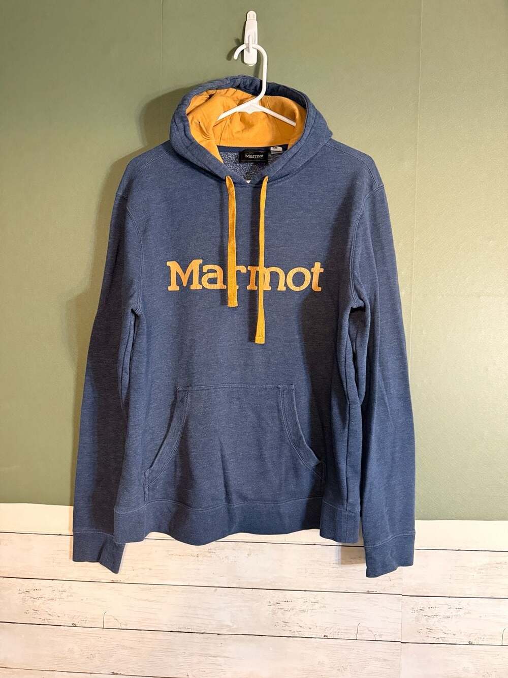 Marmot Blue Yellow Spellout Logo Pullover Hoodie Sweatshirt Men's Medium